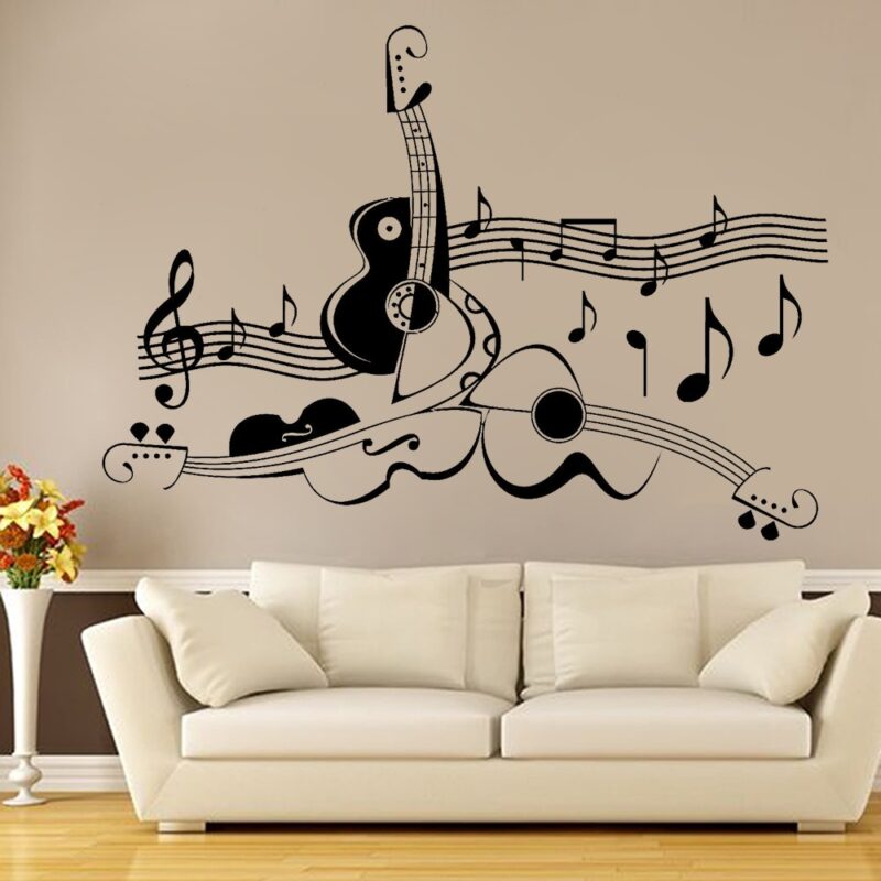 Autocollant Mural Guitare Coucher De Soleil - 96x60 Cm, PVC, Déco Chambre, Salon, Bureau